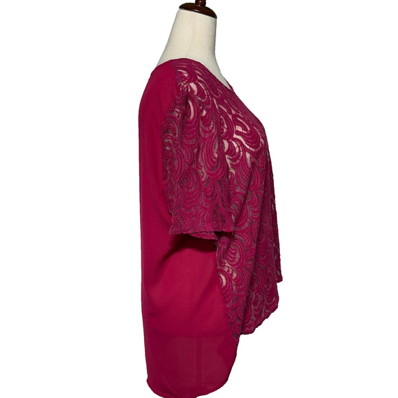 Catherines Top Womens 2X-22-24W Fuchsia Pink Lace Overlay Semi Sheer Career - Picture 4 of 8